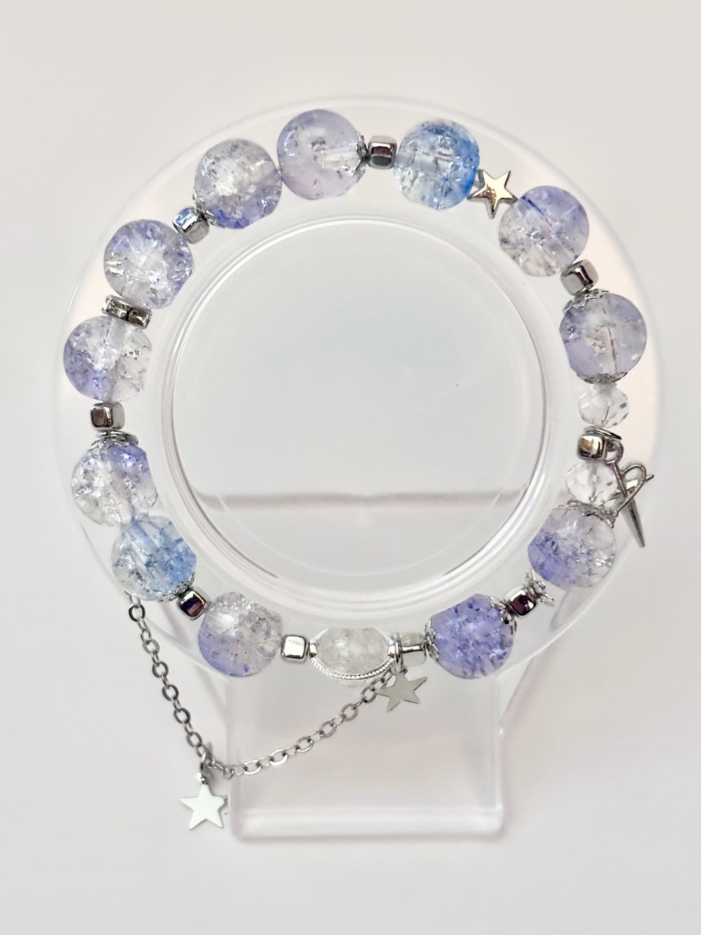 Hand Crafted Lavender & Periwinkle Crackle Bead Bracelet with Silver Charms